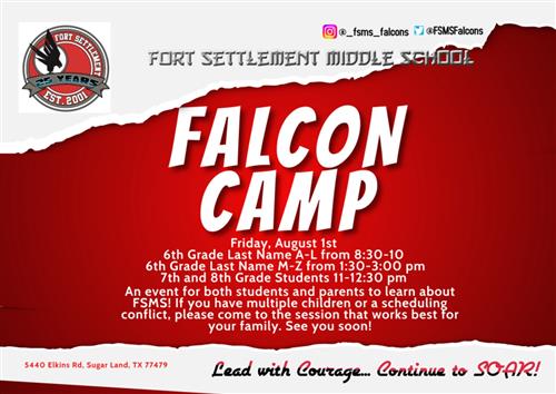 image with falcon camp details; Falcon camp will be on Friday August 1st;; call the school for more deails